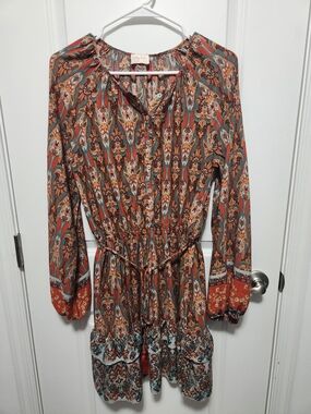 Paisley Tie-Waist Long Sleeve Dress in Rust Multi -
